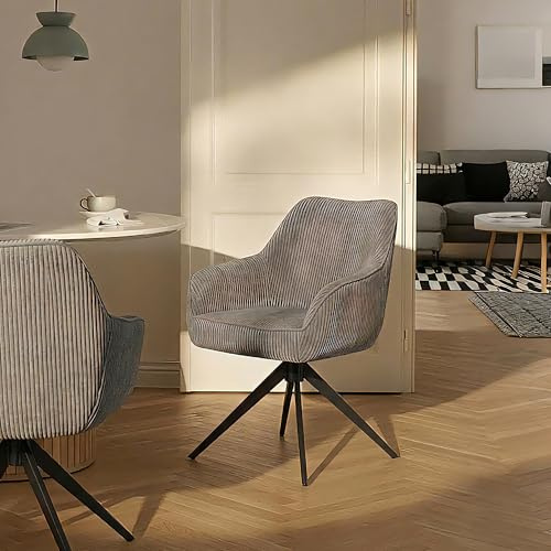 B&D home Esszimmerstuhl ARVIT drehbar – mit Armlehnen, 360° Drehfunktion, Moderner Cordstoff in Dunkel Grau, Metallgestell schwarz, komfortabel gepolstert