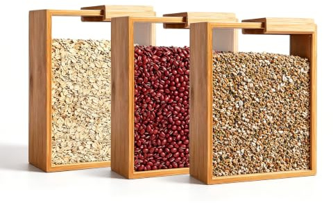 3PC Wooden Cereal Dispenser Set,Cereal Storage Container,Dry Food Dispenser | with Transparent Window & Slide Lid , for Kitchen Pantry Organisation, Cereal, Rice, Flour & Snacks