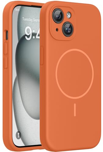 Miracase Magnetic for iPhone 15 Case, Drop Protection with Lens Protection | Enhanced Each Lens Protection, Compatible with MagSafe, Scratch-resistant,Shockproof Silicone Phone Case 15, 6.1,Orange