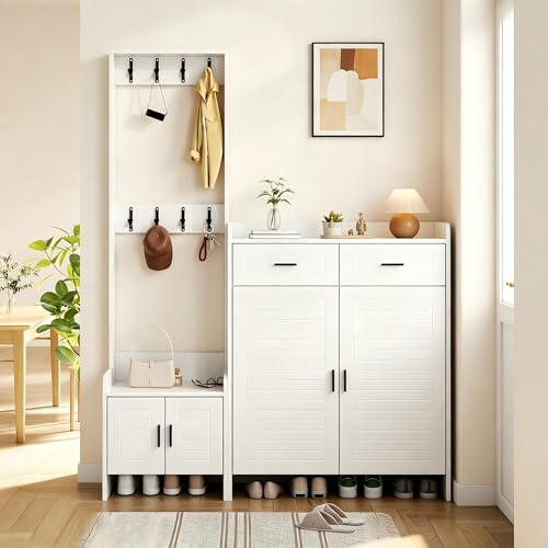 VILUXE Garderoben Set Weiß 140,6 x 32 x 180 cm, 3-in-1 Flurgarderobe mit Garderobenpaneel, Schuhschrank, Schuhbank, 4 Haken, Schublade, Türen, verstellbarem Einlegeboden, Flurmöbel Matt