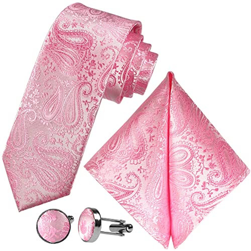 GASSANI Herrenkrawatte Schmal Paisley-Muster, Rosane Hochzeitskrawatte Gemustert, Einstecktuch Manschettenknöpfe Z. Hochzeits-Anzug Sakko Weste