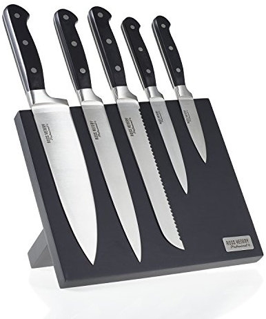 Ross Henery Professional, 5-Piece Premium Stainless Steel Kitchen Knife Set on a Stylish, Black Magnetic Block with 2-Year Warranty.