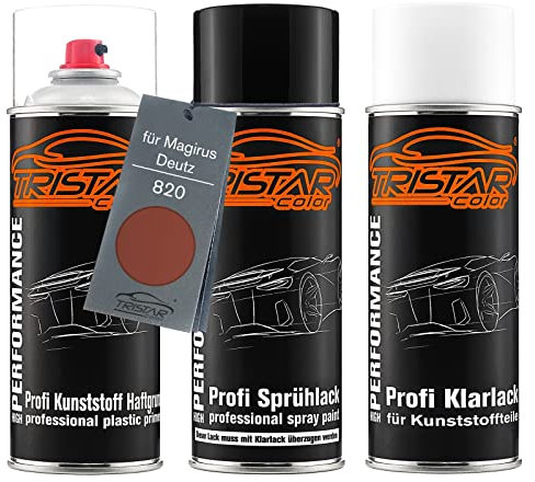 TRISTARcolor Autolack Spraydosen Set für Kunststoff Stoßstange für Magirus Deutz 820 Rotbraun Haftgrund Basislack Klarlack mit Weichmacher Sprühdose