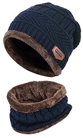 Kinder Winter warme Mütze mit Schal Strickmütze weich gefüttert.YR.Lover Blau Einheitsgrösse