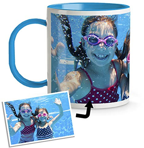 Taza de plástico personalizada. Taza infantil con foto. Taza personalizada libre de BPA y Bisfenol-A. INTERIOR Y ASA AZUL