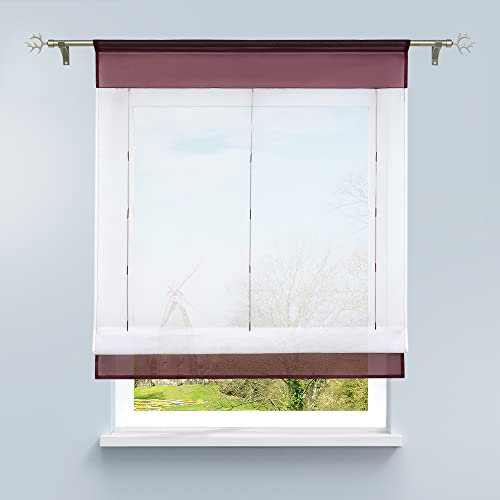 HongYa Bändchenrollo Tunnelzug Raffrollo transparenter Voile Raffgardine Vorhang H/B 140/100 cm Beere