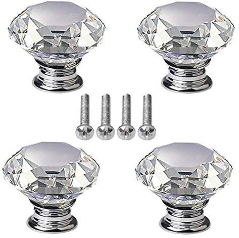 nuosen 4 pcs Crystal Knobs, 40 mm Diamond Drawer Cabinet Door Pull Crystal Door Handles with Screws for Home Kitchen Office Chest Bin, Dresser