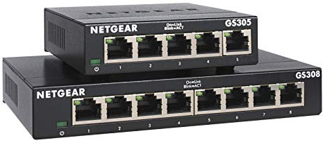 NETGEAR 5-Port + 8-Port Gigabit Ethernet LAN Switch (für Desktop, Plug-and-Play, energieeffizient, robuste und lüfterlose Metallgehäuse, GS305 & GS308)