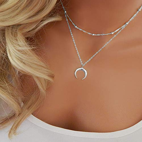 TseenYi - Collana multifilo bohémien argentata con ciondolo a forma di mezzaluna o doppio corno, girocollo, da donna e ragazza (argento)