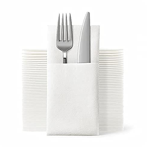 JEBBLAS Einweg-Stoffservietten, integrierte Bestecktasche, Hochzeitsparty, Leinengefühl, weiße Serviette, vorgefaltet für Besteck (Weiß100)