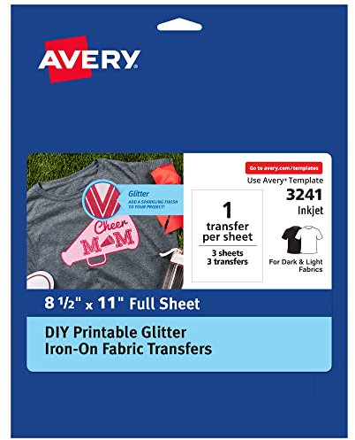 Avery Glitzer-Transferpapier, 21,6 x 27,9 cm, schmutzfreier weißer Glitzer, bedruckbare Wärmeübertragungen für Tintenstrahldrucker, 3 Blatt (03241)