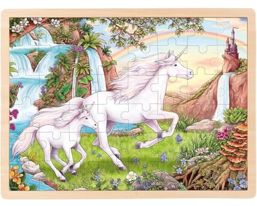 goki 57366 - Einlegepuzzle Einhorn aus Holz, Holzpuzzle mit Pferden in idylischer Landschaft, Lernspielzeug und Kinderpuzzle, fördert Fantasie und Motorik der Kinder, 40cm x 30cm, 48er Set, ab 3 Jahre
