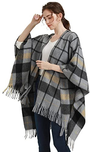 Damen Schal Wrap Knit Wolle Poncho Ruana Open Front Cardigan Decke Umhang für Herbst Winter, grau