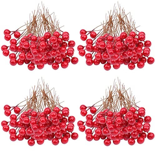 VEGCOO Bayas Rojas Artificiales, 210 Piezas 10 mm Bayas Artificiales con Varilla de Alambre para decoración de Navidad, Abeto, Corona de Navidad, decoración para Caja de Regalo, Manualidades