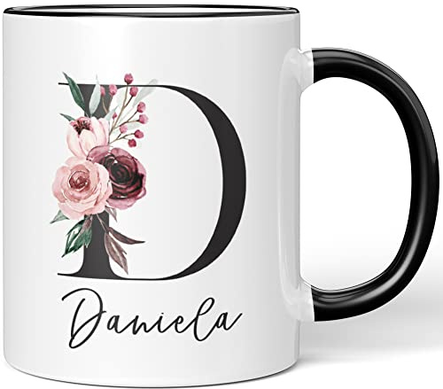JUNIWORDS Tasse, Daniela, Name Anfangsbuchstabe Initial Alphabet Floral Buchstabe D Monogramm Motiv, Keramik, Schwarz (5563448)