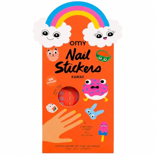 Omy Kawaii Nail Stickers for Kids - 200 Stickers, Waterproof, Durable, Fun, Creative Designs | Strong Enough to Last Through Hand Washing - Easy to Apply, Safe, Non-Toxic | Age 3 and Up