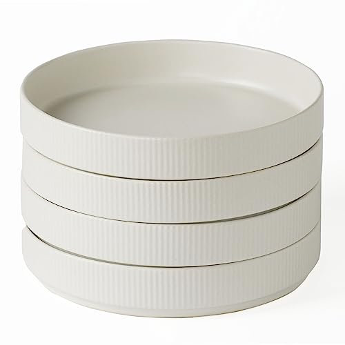 famiware 4 Pieces 7.5 Pasta Bowls Set, Double Reactive Glaze Salad Bowl Sets, Stackable, Perfect for Your Friend for Housewarming, Thanksgiving, Christmas, Matte White