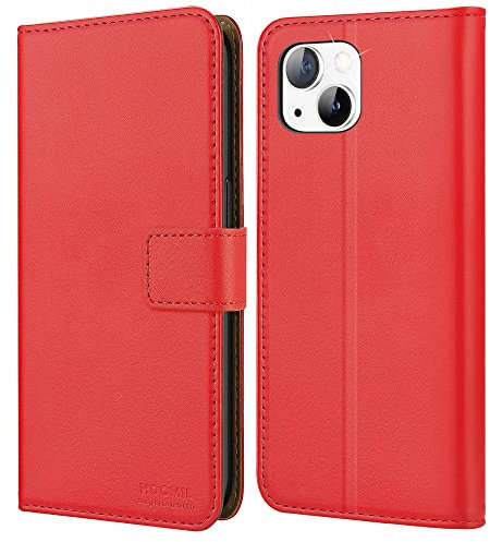 HOOMIL Handyhülle für iPhone 13 Mini, Premium Leder Klappbar Hülle, mit Kartenfach & Standfunktion, Unterstützt Kabelloses Laden - Rot