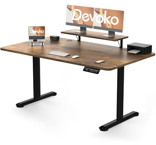 Devoko Electric Standing Desk 160 x 70cm with Monitor Stand, Height Adjustable Desk for Gaming, Home Office Table with 2 Memory Smart Pannel (Rustic Brown)