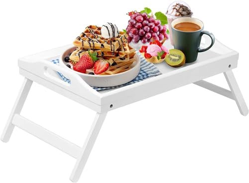 VIVAAS Bamboo Bed Tray Table with Foldable Legs And Handles Breakfast Tray for Sofa, Bed, Eating, Platters, Working, Serving, Drawing, Laptop Stand, Wooden Snack Tray Used As Lap Tray (White)