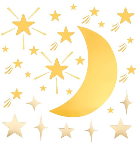 PH PandHal 64 Stück 4 Förmige Goldene Spiegel Wandaufkleber Stern Mond Aufkleber Selbstklebende Spiegel Acryl Mosaikfliesen Für Zuhause Badezimmer Küche Party Schlafzimmer Dekoration