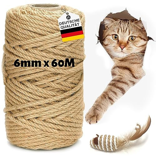 Corda Naturale Tiragraffi Sisal Corda 60M x 6MM, Corda Tiragraffi per Gatti, 6mm Corda Juta Naturale, Corda Sisal per Tiragraffi per Gatti, Corda di Canapa para Decoración del Hogar y el Jardín
