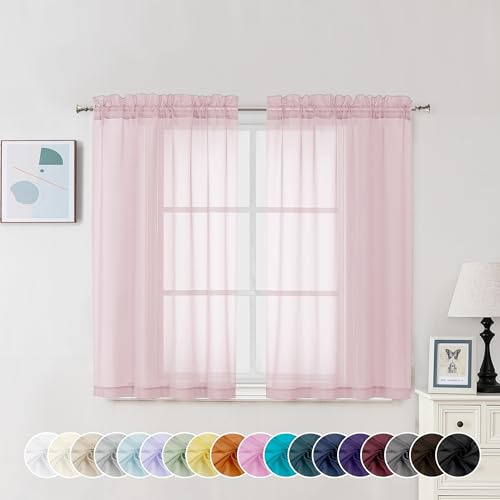 Chyhomenyc Sheer Curtains 45 Inch Long 2 Panels, Short Voile Drapes for Dinning Small Windows Bathroom Living Room Bedroom, Rod Pocket, 42Wx45L Inches, 2PCS, Blush Pink