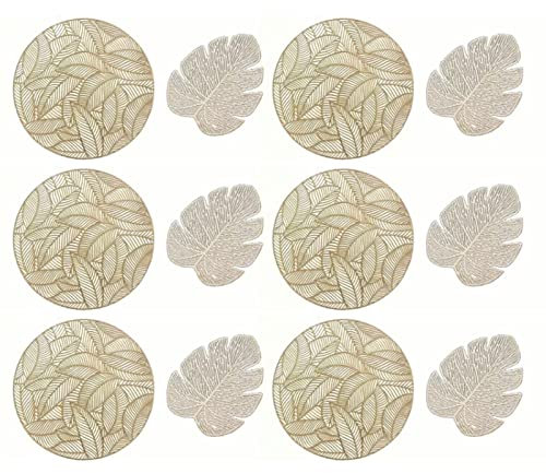 Set Sottopiatti E Tovagliette in Pizzo, 6 Tovagliette Rotonde Per Tavolo da Pranzo con Isolamento Cavo E 6 Sottobicchieri a Tazza a Forma di Foglia Per La Decorazione della Tavola da Pranzo(Oro)