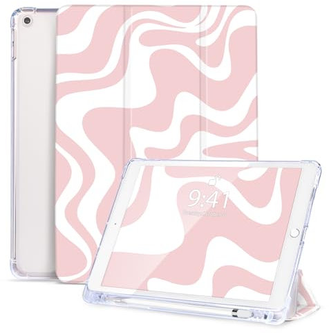 Vozehui Case for iPad 10.2 inch 9th/8th/7th Generation (2021/2020/2019 Model), Shockproof Case Cute Wavy Pattern Design Cover with Pencil Holder, Auto Wake/Sleep for 10.2 iPad (Pink-white Wavy)