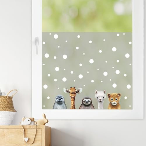 Wandtattoo Loft Sichtschutzfolie Kinderzimmer mit verschiedenen Zootieren als Motiv, Bunte Fensteraufkleber, Milchglasfolie, Kinder Fensterdeko, Dekoration Fenster Aufkleber, Fensterfolie Blickdicht