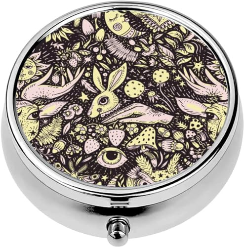 Mini Portable Pill Case Box for Purse Vitamin Medicine Metal Small Cute Travel Pill Organizer Container Holder Pocket Pharmacy Forest Magic Animals and Plants Black