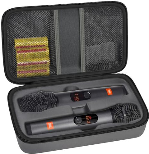 Kabellose Mikrofonhülle Kompatibel mit JBL Wireless Two Microphone System/ für JBL PartyBox Wireless Mic, Handheld Dual Mic Reisetasche zum Singen oder Karaoke für Receiver, Adapter, Batterien, Grau