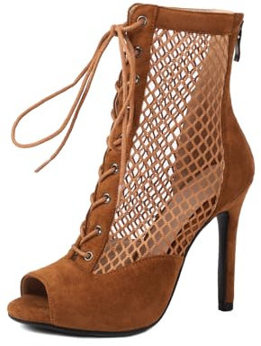 Uonpie Peep Toe Stivali 10cm Tacco in Scamosciata a Rete Scarpe da Ballo Latino Salsa Tango Bachata,Marrone,37EU