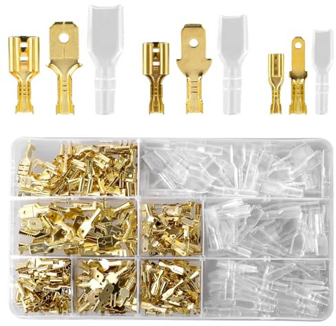 JJUNW Set di manicotti piatti, 450 pezzi, capicorda piatta, 2,8 mm, 4,8 mm, 6,3 mm, connettore piatto maschio, femmina, con manicotto isolante