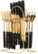 24 Pieces Gold Cutlery Set,Flatware Set Rack,Knife Fork Spoon Hanging Flatware Set,Reusable Easy Clean,Mirror Polished Tableware Set for Home Kitchen (Black)
