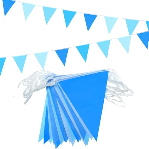 52 Wimpel, 20 m blaue Wimpel, wiederverwendbare Banner für drinnen und draußen, Geburtstag, Babyparty, Hochzeit, Party, Garten, Heimdekoration