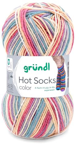 Gründl Hot Socks Color, Sockenwolle mit Farbverlauf natur gelb rosa blau, Strumpfwolle 4-fach, 4-fädig, Sockengarn, 50g | 75% Wolle, 25% Polyamid (410)