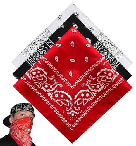 3 Stück, Bandana Damen Herren, Kopftuch, Halstuch Herren, Kopftücher Für Damen, Für Unisex Tuch Bindetuch, Headwear, Haar, Schal, Paisley Muster, Rot Schwarz Und Weiß (55 X 55 Cm)