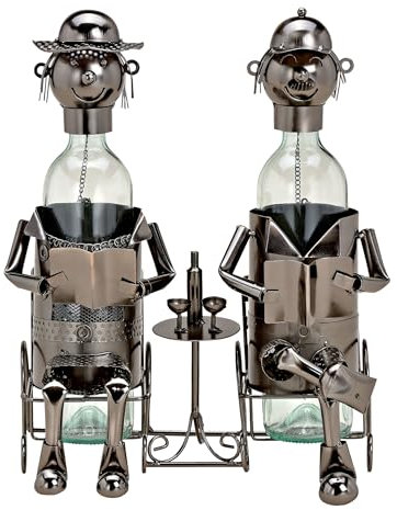 Spetebo Weinflaschenhalter anthrazit 33 x 21 cm - Zwei Mann am Tisch - Deko Flaschenhalter mit Metall Figuren - Freundschaft Geschenk Skulptur Flaschen Ständer