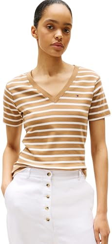 Tommy Hilfiger Camiseta de Manga Corta para Mujer New Slim Cody V-Neck con Cuello de Pico, Multicolor (Hickory/Ecru STP), XL