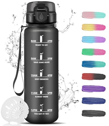 Gourde 1l, Gourde Sport, Gourde Anti-Fuite, Gourde Plastique, Gourde Motivation avec Slogan de Motivation, Gourde Graduée pour 1 Journee, Facile à Nettoyer, Bouteille d'eau pour Running, Extérieur