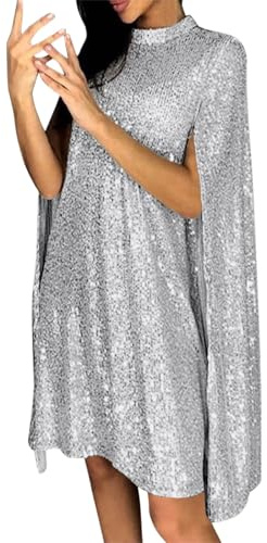 Mymyguoe Poncho Damen Paillettenkleid Glitzer Cape Cocktailkleid Knielang Ballkleider Glänzend Festliche Partykleid Elegant Dresses Glänzend Party Club Midikleid Rollkragen Abendkleid