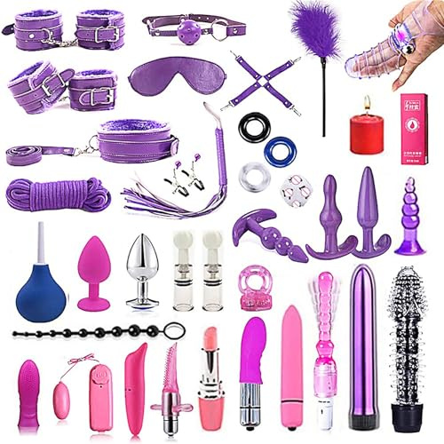 Bondage Set Para Sexual 38 Piezas Juguetes Sexuales Para SM Extremos Con Esposas Esposas Para Tobillos Y Juego De Cama Tapón Anal Juego De Ataduras Eróticas Para Amantes Del Bondage Y (Púrpura)