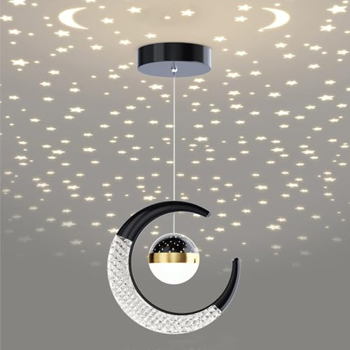 Mkichi LED Pendelleuchte Esstisch Schwarz,Kreative Hängelampe Schlafzimmer mit Mond und Sterne Sternprojektion Kinderlampe Deck,Esszimmer Lampe Hängend Modern für Wohnzimmer Küche (Schwarz)
