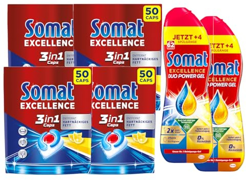 SOMAT Excellence 3in1 Caps Lemon 50 Tabs 905 g 4er Pack + Duo Power Gel 2 x 992 ml – frische Zitronenpower, starke Fettlösekraft, großer Vorrat