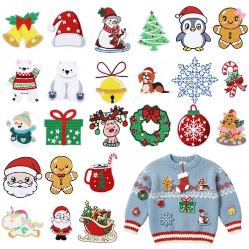 24 Stück Weihnachtspatches zum Aufbügeln und Aufnähen – Christbaumschmuck Aufnäher Set für Kleidung, Mützen, Taschen & DIY Dekoration – Ideal für Kinder und Erwachsene
