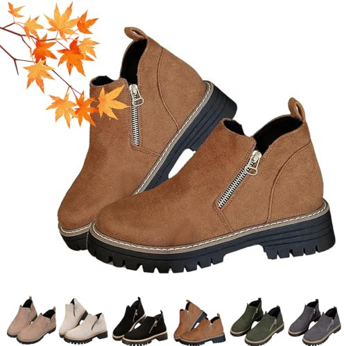 Stivaletti da donna a punta tonda con cerniera laterale, tacco grosso, con doppia cerniera laterale, in pelle scamosciata tinta unita, antiscivolo, tacco basso, Marrone, 39.5 EU