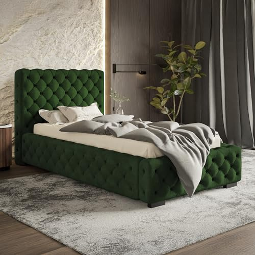MOTIVENA Dianna Chesterfield Bett 90x200 Grün Samt, mit Stauraum, mit Kopfteil, mit Lattenrost, mit Füßen, ohne Matratze, Chesterfield Polsterbett 90x200 mit Bettkasten Grün (Dunkelgrün)