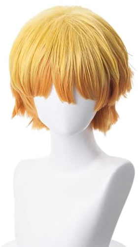 PORSMEER Unisex Anime Wig, Compatible with Zenitsu Costume Hair, Orange Ombre Short Cosplay Wig for Women 25cm /10inch