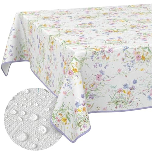 Wachstuchtischdecke Tischdecke abwaschbar Wachstischdecke pflegeleicht wasserabweisend Lotuseffekt Outdoor Wachstuch Frühling Gartentischdecke Blüten 180 x 140 cm mit Saum (Eingefasst)